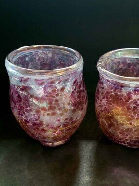 Set Of Collectible Art Glass Cups, Candle Holders Signed And Dated By Artist